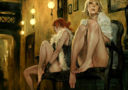 Rule 34 | 2girls, barefoot, blonde hair, bottomless, chair, fcp, feather boa, feet, feet on chair, female focus, legs, lights, lips, multiple girls, no pants, original, prostitution, realistic, red hair, room, sitting