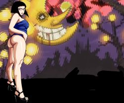 Rule 34 | 1girl, alternate costume, angry, azusa yumi, bare shoulders, black-framed eyewear, black hair, blood, blue eyes, blunt bangs, bob cut, bottomless, from side, glasses, glowing, hands on own hips, high heels, highres, looking at viewer, looking back, moon, moon (soul eater), night, night sky, open mouth, open shoes, over-rim eyewear, platform footwear, pumps, ripples, self-upload, semi-rimless eyewear, shiny skin, shoes, short hair with long locks, sidelocks, sky, solo, soul eater, ssjdubby, standing, strapless, teeth, thighs, toes, tree, tube top