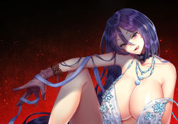 Rule 34 | 1girl, arm on knee, artoria pendragon (lancer alter) (fate), artoria pendragon (lancer alter) (royal icing) (fate), bare shoulders, breasts, choker, commentary request, commission, covered erect nipples, fate/grand order, fate (series), gloves, hair between eyes, halterneck, huge breasts, jewelry, lace, licking lips, lingerie, long hair, looking at viewer, minamoto no raikou (fate), necklace, nipples, purple eyes, purple hair, red background, revealing clothes, royal icing, see-through, sitting, solo, strap slip, tempy (rinsia), tongue, tongue out, underwear, very long hair