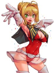Rule 34 | 1girl, ahoge, amania orz, armpits, blonde hair, braid, breasts, capelet, char aznable, char aznable (cosplay), cleavage, cosplay, fate (series), gloves, green eyes, gundam, hair intakes, highres, large breasts, leotard, looking at viewer, military, military uniform, nero claudius (fate), nero claudius (fate) (all), nero claudius (fate/extra), open mouth, reaching, reaching towards viewer, see-through, see-through skirt, simple background, skirt, solo, thighhighs, uniform, white background, white gloves