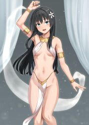 Rule 34 | 1girl, absurdres, arabian clothes, armlet, bare shoulders, black hair, blue eyes, breasts, circlet, commission, dancer, flower, hair flower, hair ornament, harem outfit, highres, jewelry, long hair, looking at viewer, navel, no panties, open mouth, orochi itto, pelvic curtain, revealing clothes, saten ruiko, second-party source, shiny skin, skeb commission, small breasts, solo, standing, thigh gap, toaru kagaku no railgun, toaru majutsu no index, underboob