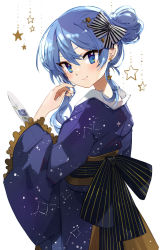 Rule 34 | 1girl, blue eyes, blue hair, blue kimono, blue nails, blush, bow, closed mouth, constellation print, from side, hair between eyes, hair bow, hair bun, hair ornament, highres, hololive, hoshimachi suisei, japanese clothes, kimono, long hair, long sleeves, looking at viewer, looking to the side, nail polish, obi, print kimono, sash, shadowsinking, simple background, single hair bun, solo, star (symbol), star hair ornament, star in eye, striped, striped bow, symbol in eye, virtual youtuber, white background, wide sleeves