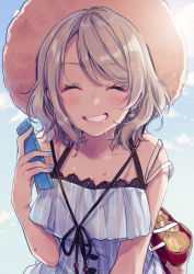 Rule 34 | 1girl, ^ ^, bag, blue dress, blue nails, cellphone, closed eyes, collarbone, dress, earrings, facing viewer, grey hair, grin, hand up, hat, highres, holding, holding phone, jewelry, love live!, love live! school idol festival, love live! sunshine!!, nail polish, phone, short hair, shoulder bag, smartphone, smile, solo, sudach koppe, sun hat, sundress, upper body, watanabe you, wet
