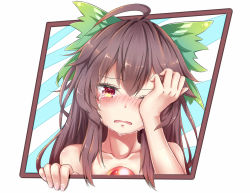 Rule 34 | 1girl, ahoge, bow, brown hair, chinese commentary, commentary request, crying, feng ling (fenglingwulukong), frown, green bow, hair bow, highres, long hair, red eyes, reiuji utsuho, sad, simple background, solo, tears, third eye, touhou, white background, wiping tears