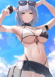 Rule 34 | 1girl, absurdres, arms up, bikini, bikini skirt, blue sky, breasts, closed mouth, cloud, day, eyewear on head, green eyes, grey hair, highres, hololive, large breasts, looking at viewer, mikaku, mole, mole on breast, navel, shirogane noel, shirogane noel (summer 2020), short hair, sky, solo, swimsuit, virtual youtuber, wet