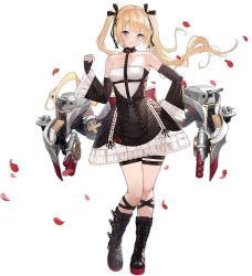 Rule 34 | 1girl, artist request, azur lane, black footwear, blonde hair, blue eyes, boots, dead or alive, dead or alive xtreme, dress, fingerless gloves, full body, gloves, highres, long hair, looking at viewer, machinery, marie rose, official art, petals, short dress, smile, solo, standing, thigh strap, transparent background, turret, twintails