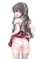 Rule 34 | 1girl, aqua bow, aqua bowtie, ass, black hair, bow, bowtie, butt crack, clothes lift, colored inner hair, dress, dress lift, fang, from behind, grey thighhighs, hairband, highres, kantai collection, lifted by self, long hair, looking at viewer, looking back, multicolored hair, naganami (kancolle), naganami kai ni (kancolle), open mouth, panties, pink hair, sakana (flame sakana), solo, standing, thighhighs, two-tone hair, underwear, wavy hair, white hairband, white panties, yellow eyes