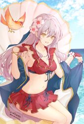 Rule 34 | 1girl, atoatto, bare shoulders, bikini, bikini skirt, bird, blue scarf, breasts, clam shell, cleavage, collarbone, commission, fingerless gloves, fire emblem, fire emblem: radiant dawn, fire emblem heroes, flower, front-tie top, gloves, grey hair, hair flower, hair ornament, hair ribbon, half updo, long hair, medium breasts, micaiah (fire emblem), micaiah (summer) (fire emblem), navel, nintendo, official alternate costume, open mouth, plumeria, red bikini, red gloves, ribbon, scarf, signature, skeb commission, smile, solo, swimsuit, twitter username, yellow eyes, yune (fire emblem)