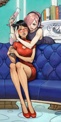 Rule 34 | 2girls, adelheid (moschiola), black hair, blue eyes, blush, book, breasts, champagne flute, cleavage, cleavage cutout, clothing cutout, collarbone, couch, cup, dress, drinking glass, embarrassed, glasses, headphones, highres, holding, holding cup, hug, hug from behind, large breasts, multiple girls, one piece, pink hsiar, purple dress, red-framed eyewear, red dress, short dress, sitting, tashigi, tongue, tongue out, vinsmoke reiju, yuri