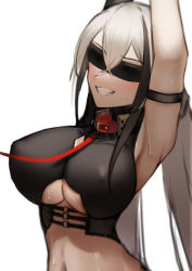 1girl, armpits, arms up, black blindfold, blindfold, breasts, collar, covered eyes, erect nipples, gaia (girls frontline), girls frontline, grin, hair between eyes, highres, large breasts, leash, long hair, low twintails, periory, sangvis ferri, silver hair, simple background, smile, solo, sweat, twintails, underboob, upper body, white background