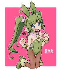 Rule 34 | 1girl, ahoge, animal ears, bare shoulders, blue eyes, brown pantyhose, commentary request, covered navel, fake animal ears, fang, green footwear, green hair, green hairband, green leotard, hairband, hands up, high heels, leotard, long hair, looking at viewer, mawaru (mawaru), open mouth, original, pantyhose, pink background, pointy ears, rabbit ears, shoes, solo, strapless, strapless leotard, twintails, two-tone background, very long hair, white background