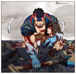 Rule 34 | 1boy, 1girl, abs, angry, bandaged arm, bandages, bara, beard, black hair, blood, blood from mouth, blood on clothes, blood on face, blood on hands, bloody weapon, broken horn, bulge, clenched teeth, demon boy, demon horns, facial hair, female protagonist (live a hero), happi, headband, highres, holding, holding weapon, horns, injury, japanese clothes, kneeling, large pectorals, live a hero, looking at viewer, mature male, muscular, muscular male, navel, necktie, nessen (live a hero), on one knee, pectoral cleavage, pectorals, revealing clothes, shinonome kaikou, short hair, sleeves rolled up, stomach, teeth, weapon, wind