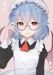 Rule 34 | 1girl, absurdres, adjusting eyewear, alternate costume, apron, bat wings, blue hair, fuua (fxae3875), glasses, hat, highres, long sleeves, looking at viewer, maid, maid apron, maid headdress, mob cap, official alternate costume, red eyes, remilia scarlet, remilia scarlet (maid mistress), short hair, slit pupils, smile, solo, touhou, touhou lostword, victorian maid, white hat, wings
