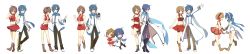 Rule 34 | absurdres, belt, blue eyes, blue hair, blue scarf, boots, brown hair, chibi, commentary, couple, crop top, face-to-face, full body, hand on shoulder, headphones, headset, highres, holding hands, jacket, kaiko, kaito (vocaloid), kaito (vocaloid3), long image, looking at viewer, magical mirai (vocaloid), meiko (vocaloid), meiko (vocaloid3), midriff, miniskirt, multiple persona, nail polish, navel, pants, project diva (series), project diva f, project diva x, red eyes, red shirt, red skirt, sakine meiko, scarf, shirt, short hair, skirt, vocaloid, wide image, yoshiki