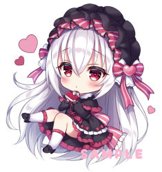 Rule 34 | 1girl, black capelet, black dress, black footwear, blush, bow, box, capelet, chibi, closed mouth, commentary request, dress, frilled dress, frilled socks, frills, full body, gift, gift box, hair between eyes, heart, heart-shaped box, holding, holding gift, loafers, long hair, long sleeves, looking at viewer, mitsuba choco, original, puffy long sleeves, puffy sleeves, red bow, red eyes, sample watermark, shoes, silver hair, simple background, sleeves past wrists, socks, solo, striped, striped bow, very long hair, watermark, white background, white bow, white socks