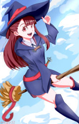 Rule 34 | 1girl, absurdres, artist name, boots, broom, broom riding, brown hair, day, gar32, hand on headwear, hat, highres, kagari atsuko, knee boots, little witch academia, long hair, looking at viewer, pink ribbon, red eyes, ribbon, sky, smile, thighs, twitter username, witch, witch hat