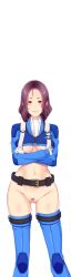 Rule 34 | 1girl, belt, blush, boots, breasts, butcha-u, censored, closed mouth, crossed arms, female pubic hair, game cg, gloves, groin, happy, kenzen! hentai kouboku no tsutome, legs, looking at viewer, medium breasts, medium hair, navel, no panties, original, pubic hair, purple hair, pussy, red eyes, revealing clothes, smile, solo, standing, taira komaki, thigh boots, thighhighs, thighs, transparent background, underboob, uniform