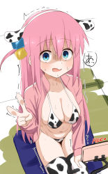 Rule 34 | 1girl, absurdres, animal print, belly, bikini, blue eyes, bocchi the rock!, breasts, cleavage, collarbone, cow print, cube hair ornament, donutman, gotoh hitori, hair ornament, highres, large breasts, long hair, looking at viewer, navel, nervous, one side up, pink hair, recording, solo, stomach, swimsuit, thighs, white background, white bikini