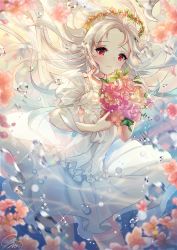 Rule 34 | 1girl, blush, bouquet, bow, bubble, floating hair, flower, highres, holding, holding bouquet, holding flower, long hair, looking at viewer, original, red eyes, signature, snow is, solo, white bow, white hair