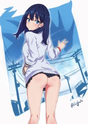 Rule 34 | 10s, 1girl, ass, blue eyes, blue hair, blush, cardigan, commentary, english commentary, feet out of frame, from behind, gridman universe, hand in pocket, highres, kneepits, long hair, long sleeves, looking at viewer, looking back, microskirt, panties, pantyshot, pink panties, pleated skirt, power lines, scrunchie, skirt, solo, ssss.gridman, standing, takarada rikka, thighs, twitter username, underwear, urio yusuke, w, wrist scrunchie