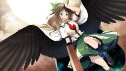 Rule 34 | 1girl, :o, akaiha (akaihasugk), arm cannon, asymmetrical footwear, black footwear, bow, brown hair, cape, cloud, collared shirt, control rod, dutch angle, feathered wings, feet out of frame, frills, green bow, green eyes, green skirt, long hair, looking at viewer, medium skirt, mismatched footwear, nail polish, reiuji utsuho, shirt, shoes, short sleeves, single shoe, skirt, socks, solo, starry sky print, sun, touhou, weapon, white shirt, wings