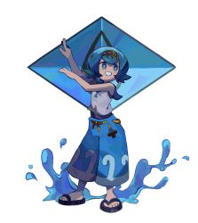 Rule 34 | 1girl, absurdres, arms up, blouse, blue eyes, blue hair, blue pants, blue sailor collar, bright pupils, creatures (company), dancing, flip-flops, freckles, full body, game freak, hairband, hand up, happy, highres, lana (pokemon), nintendo, no sclera, one-piece swimsuit, open mouth, pants, pokemon, pokemon sm, rising (risingacetrainer), sailor collar, sandals, shirt, short hair, sleeveless, sleeveless shirt, smile, solo, swimsuit, swimsuit under clothes, water, wave print, white pupils, white shirt, yellow hairband