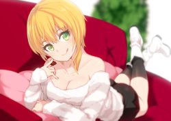 Rule 34 | 10s, 1girl, :q, asymmetrical hair, bare shoulders, black shorts, black socks, blonde hair, blurry, blush, boots, breasts, chocolate, cleavage, closed mouth, collarbone, couch, depth of field, green eyes, hair between eyes, hiraga matsuri, hirasato, idolmaster, idolmaster cinderella girls, idolmaster cinderella girls starlight stage, index finger raised, kneehighs, large breasts, looking at viewer, lying, miyamoto frederica, off shoulder, on couch, on stomach, pillow, plant, short hair, short hair with long locks, shorts, smile, socks, solo, striped clothes, striped sweater, sweat, sweater, tongue, tongue out, white footwear