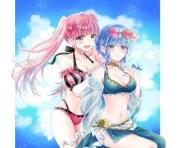 Rule 34 | 2girls, alternate costume, bikini, blue bikini, blue hair, blue nails, blush stickers, braid, breasts, brown eyes, cleavage, female focus, fire emblem, fire emblem: three houses, fire emblem heroes, flower, french braid, frown, hair flower, hair ornament, hand on own chest, hands on another&#039;s shoulders, hilda valentine goneril, large breasts, long hair, looking at viewer, marianne von edmund, matching hair/eyes, midriff, multiple girls, nail polish, navel, nintendo, off-shoulder bikini, off shoulder, official alternate costume, pink bikini, pink eyes, pink hair, pink nails, shawl, smile, sunglasses, sunglasses on head, sweatdrop, swimsuit, twintails, yuyu (spika)