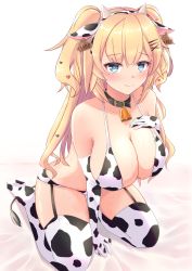 Rule 34 | 1girl, absurdres, akai haato, animal ears, animal print, aqua eyes, bikini, blonde hair, breasts, cleavage, cow ears, cow horns, cow print, elbow gloves, fake animal ears, fake horns, gloves, hair between eyes, hair ornament, hairband, heart, heart-shaped pupils, heart hair ornament, heckler kai, highres, hololive, horns, kneeling, large breasts, long hair, looking at viewer, simple background, solo, sweat, swimsuit, symbol-shaped pupils, thighhighs, two side up, very long hair, virtual youtuber, white background, white bikini, white thighhighs