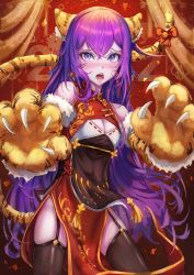Rule 34 | 1girl, absurdres, alchemilla menace, animal ears, animal hands, black thighhighs, blush, brown thighhighs, chinese clothes, chinese new year, commentary, cyberlive, embarrassed, english commentary, garter straps, gloves, highres, long hair, lunarisbloom, open mouth, paw gloves, purple eyes, purple hair, solo, tail, tail ornament, thighhighs, tiger ears, tiger tail, virtual youtuber