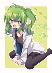 Rule 34 | 1girl, :d, ahoge, black pantyhose, black shirt, blush, commentary request, dotted line, fang, glasses, green background, green hair, hair between eyes, hood, hood down, hooded jacket, jacket, long hair, long sleeves, looking at viewer, natsuki teru, no shoes, open clothes, open jacket, open mouth, original, pantyhose, red eyes, shirt, sitting, sleeves past wrists, smile, solo, twintails, two-tone background, v-shaped eyebrows, wariza, white background, white jacket