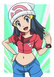 Rule 34 | 1girl, :d, alternate costume, beanie, black hair, blue shorts, border, bracelet, commentary request, creatures (company), cropped jacket, dawn (pokemon), eyelashes, game freak, grey eyes, hainchu, hair ornament, hairclip, hand on own hip, happy, hat, highres, jewelry, long hair, looking at viewer, navel, nintendo, open mouth, pokemon, pokemon (anime), pokemon dppt (anime), poketch, red shirt, shirt, short sleeves, shorts, sidelocks, smile, solo, tongue, watch, white border, white hat, wristwatch