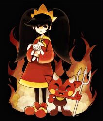 1boy 1girl ashley_(warioware) big_hair black_hair closed_mouth dress hairband highres holding long_hair long_sleeves looking_at_viewer neckerchief nintendo orange_hairband pantyhose red_(warioware) red_dress red_eyes simple_background skull stuffed_animal stuffed_toy tiara twintails warioware yokotn