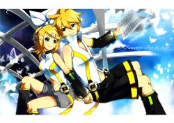 Rule 34 | 1boy, 1girl, arm warmers, artrica, blonde hair, blue eyes, brother and sister, day, detached sleeves, hair ornament, hair ribbon, hairclip, headphones, highres, kagamine len, kagamine len (append), kagamine rin, kagamine rin (append), leg warmers, navel, popped collar, ribbon, sheet music, short hair, shorts, siblings, sky, smile, twins, vocaloid, vocaloid append