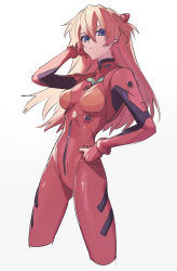 Rule 34 | 1girl, arm up, blue eyes, bodysuit, breasts, brown hair, closed mouth, commentary request, gloves, hair between eyes, hair ornament, hand in own hair, hand on own hip, highres, itou (very ito), long hair, looking at viewer, medium breasts, neon genesis evangelion, orange hair, pilot suit, plugsuit, red bodysuit, red gloves, simple background, solo, souryuu asuka langley, standing, turtleneck, two side up, white background