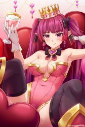 Rule 34 | 1girl, armpits, artist name, black thighhighs, blunt bangs, bow, breasts, cleavage, collarbone, commentary, crown, earrings, gloves, gold trim, hair bow, heart, highres, holding, jewelry, leotard, long hair, looking at viewer, medium breasts, open mouth, original, parted lips, pink eyes, pink hair, pink leotard, pointy ears, seraphim throne, sitting, smile, solo, sparkle, spread legs, sweat, thighhighs, twintails, valentine, white gloves