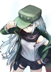 Rule 34 | 1girl, absurdres, black shorts, coat, cowboy shot, cross, from above, g11 (girls&#039; frontline), girls&#039; frontline, green coat, green headwear, grey eyes, hand in pocket, hat tug, highres, long hair, mari0ball, off shoulder, open clothes, open coat, pouch, scarf, shirt, shorts, silver hair, simple background, solo, sweatdrop, thigh pouch, thigh strap, very long hair, white background, white shirt