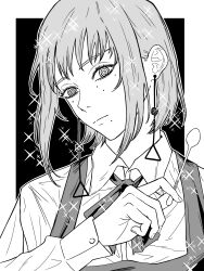 Rule 34 | 1girl, chainsaw man, demon girl, earrings, expressionless, fami (chainsaw man), fourth east high school uniform, gitokuja, greyscale, highres, holding, holding spoon, jewelry, looking at viewer, mole, mole under eye, mole under mouth, monochrome, multiple moles, ringed eyes, school uniform, short hair, simple background, sparkle, spoon