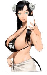 Rule 34 | 1girl, bikini, black bikini, black hair, breasts, cleavage, closed mouth, clothes writing, conto, eyelashes, from side, frown, holding, holding phone, horns, huge breasts, long hair, looking to the side, navel, original, phone, pointy ears, sarong, selfie, sideboob, simple background, skindentation, solo, swimsuit, tail, taking picture, towel, upper body, white background
