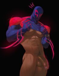 Rule 34 | 1boy, abs, arm blade, bara, blue bodysuit, bodysuit, clothes lift, dark-skinned male, dark skin, frde, girthy penis, highres, large pectorals, male focus, male pubic hair, marvel, miguel o&#039;hara, muscular, muscular male, nipples, pectorals, penis, pubic hair, red bodysuit, shirt lift, skin tight, spider-man: across the spider-verse, spider-man (2099), spider-man (series), spider-verse, two-tone bodysuit, undressing, weapon