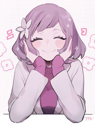 Rule 34 | 1girl, blush stickers, closed eyes, elbow rest, facing viewer, flower, hair flower, hair ornament, halftone, halftone background, highres, jacket, layered sleeves, maco22, medium hair, original, purple hair, sleeves past wrists, smile, solo, sparkle
