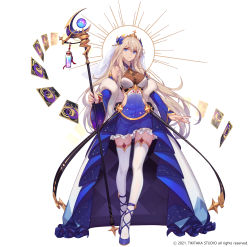 Rule 34 | 1girl, baek hyang, bare shoulders, blonde hair, blue dress, blue eyes, blue nails, cape, constellation print, copyright name, copyright notice, crescent, crown, dress, expressionless, frilled dress, frilled skirt, frills, gem, hair ornament, high heels, highres, holding, holding staff, holding weapon, jewelry, long hair, long sleeves, nail polish, necklace, original, potion, purple nails, scarf, see-through, see-through shirt, skirt, solo, staff, standing, star (sky), star (symbol), strappy heels, sunlight, tarot, tarot set, thighhighs, veil, very long hair, weapon, white background, white thighhighs