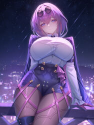 Rule 34 | 1girl, absurdres, black jacket, boots, breasts, butterfly ornament, chinese commentary, collared shirt, commentary request, eyewear on head, glasses, gloves, hair between eyes, high-waist shorts, highres, honkai: star rail, honkai (series), jacket, juuhachi kin (anthonyy1821), kafka (honkai: star rail), large breasts, long hair, long sleeves, looking at viewer, pantyhose, pantyhose under shorts, pince-nez, purple-tinted eyewear, purple eyes, purple gloves, purple hair, purple pantyhose, round eyewear, shirt, shorts, single thigh boot, smile, solo, spider web print, sunglasses, thigh boots, tinted eyewear, white shirt