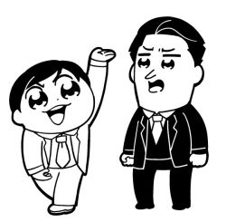 Rule 34 | 2boys, arm up, bkub, character request, clenched hands, collared shirt, commentary, formal, greyscale, hair slicked back, jacket, looking at another, male focus, monochrome, multiple boys, necktie, open clothes, open hand, open jacket, open mouth, pants, real life, sharp corporation, shirt, shoes, short hair, simple background, suit, suit jacket, white background