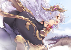Rule 34 | 1girl, armored boots, ass, bare shoulders, boots, cameltoe, dragon, from behind, headpiece, light purple hair, long hair, looking at viewer, medusa (shingeki no bahamut), open mouth, outdoors, pointy ears, saeki hokuto, shingeki no bahamut, simple background, smile, solo, tail, very long hair, yellow eyes