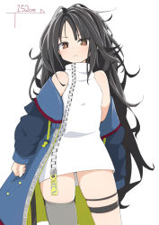Rule 34 | 1girl, bad id, bad pixiv id, bare shoulders, black hair, blush, brown eyes, c-ms (girls&#039; frontline), closed mouth, clothes writing, coat, dress, girls&#039; frontline, grey thighhighs, height chart, long hair, long sleeves, messy hair, microdress, multicolored clothes, multicolored coat, off shoulder, pout, salpin, simple background, single thighhigh, skindentation, sleeveless, sleeveless dress, solo, thighhighs, white background, white dress, zipper
