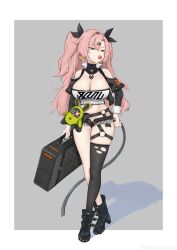Rule 34 | 1girl, absurdres, bare shoulders, belt, black footwear, black ribbon, black shorts, black thighhighs, boots, breasts, briefcase, candy, cleavage, commentary request, crossed legs, cutoffs, food, green eyes, hair intakes, hair ribbon, highres, holding, holding briefcase, large breasts, lollipop, long hair, long sleeves, looking at viewer, micro shorts, midriff, navel, nicole demara, pink hair, ribbon, setsuna (setsuna azastar), shorts, single thighhigh, solo, stomach, strapless, thighhighs, thighs, tube top, two side up, very long hair, watson cross, zenless zone zero