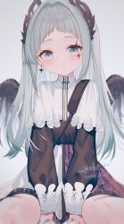 Rule 34 | 1girl, :o, arknights, between legs, black shirt, black wings, blue eyes, blush, capelet, commentary request, dated, feathered wings, grey background, grey hair, hair intakes, hand between legs, highres, irene (arknights), long hair, long sleeves, looking at viewer, ookamisama, parted lips, puffy long sleeves, puffy sleeves, shirt, sitting, skirt, solo, very long hair, wariza, white capelet, white skirt, wings