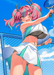 Rule 34 | 1girl, aqua hair, azur lane, blue sky, blush, breasts, bremerton (azur lane), bremerton (scorching-hot training) (azur lane), cleavage, commentary request, cowboy shot, crop top, crop top overhang, day, hair between eyes, hair ornament, hairclip, large breasts, long hair, midriff, mole, mole under eye, multicolored hair, navel piercing, open mouth, outdoors, piercing, pink hair, playing sports, pleated skirt, pyz (cath x tech), racket, shirt, skirt, sky, sleeveless, sleeveless shirt, sports bra, sportswear, streaked hair, tennis racket, tennis uniform, twintails, two-tone shirt, underboob, wavy mouth