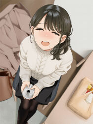 Rule 34 | 1girl, :d, bag, beer can, bento, black hair, blush, can, closed eyes, drink can, from above, handbag, indoors, jacket, mattaku mousuke, mole, mole under mouth, open mouth, original, pantyhose, round teeth, sitting, smile, solo, teeth, unworn jacket, watermark